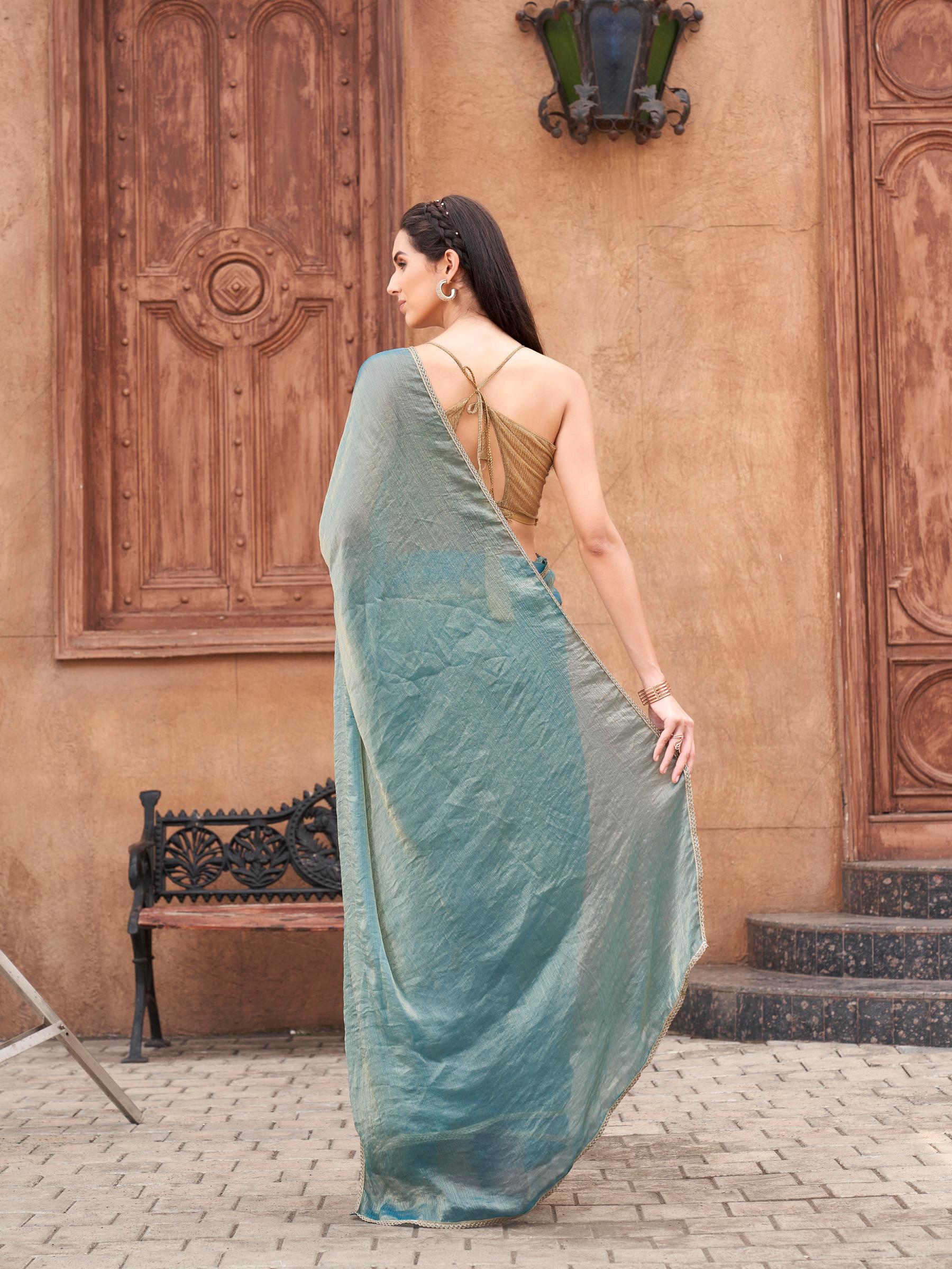 Ready to wear Two tone Blue and gold colored chiffon saree with embellished lace